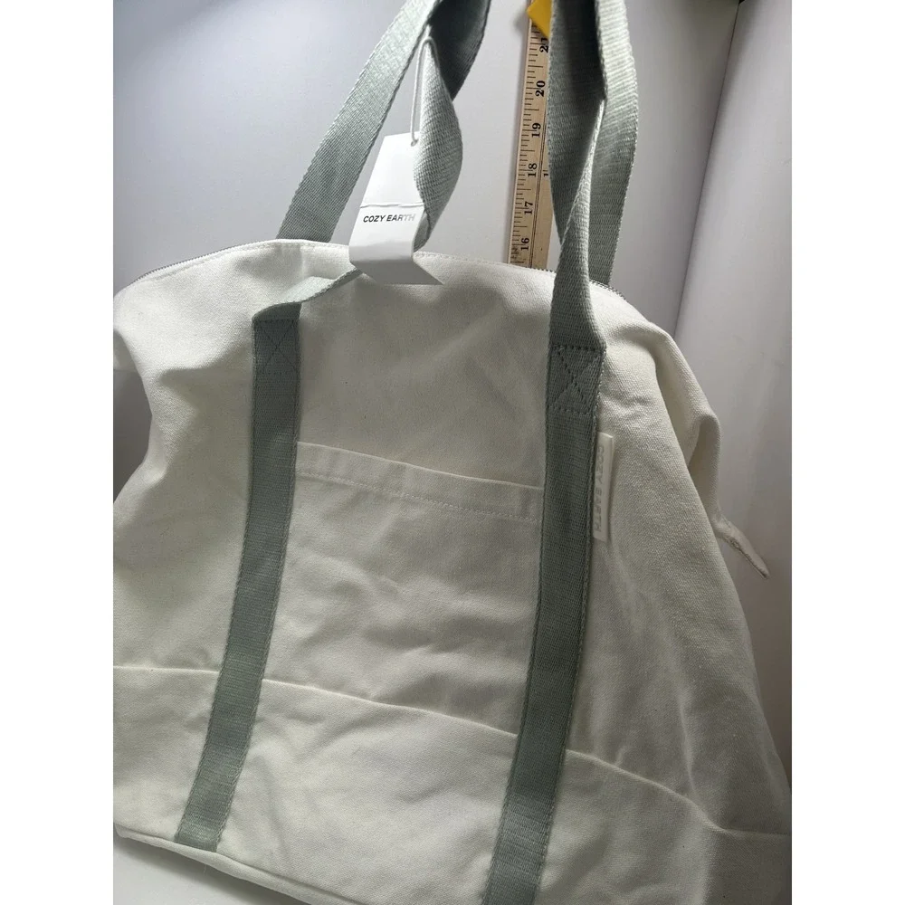 Cozy Earth Canvas Travel Duffel Bag Tote Off-White Sage Green Weekend Gym NWT